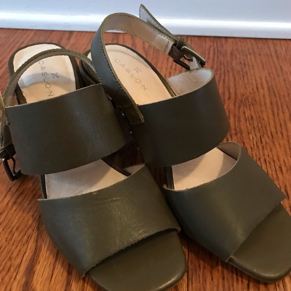 Olive- Green leather Heel Sandals - Picture 2 of 5